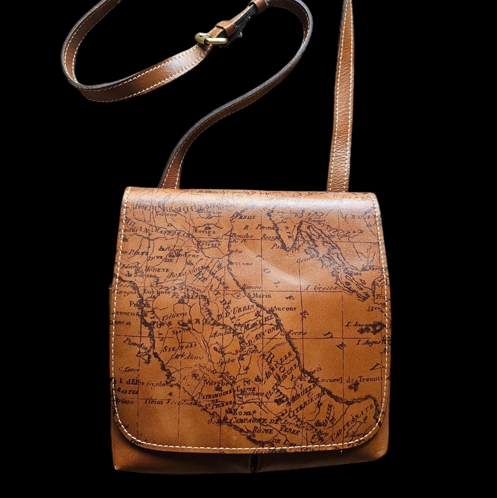 Patricia Nash Tan Map-Print Leather Crossbody Bag